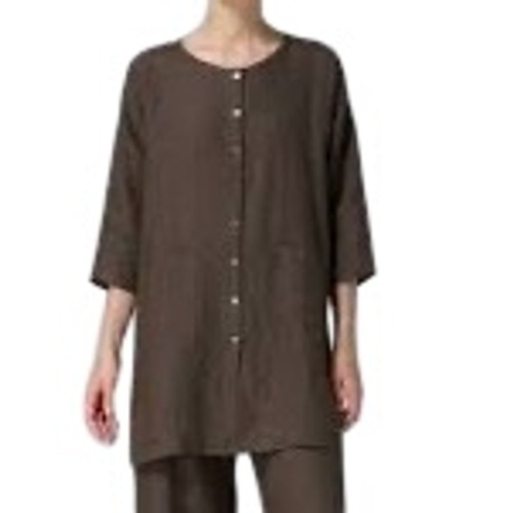 Vivid 100% Linen Button Down Tunic Dress Taupe Brown Plus Size 2X Like New
